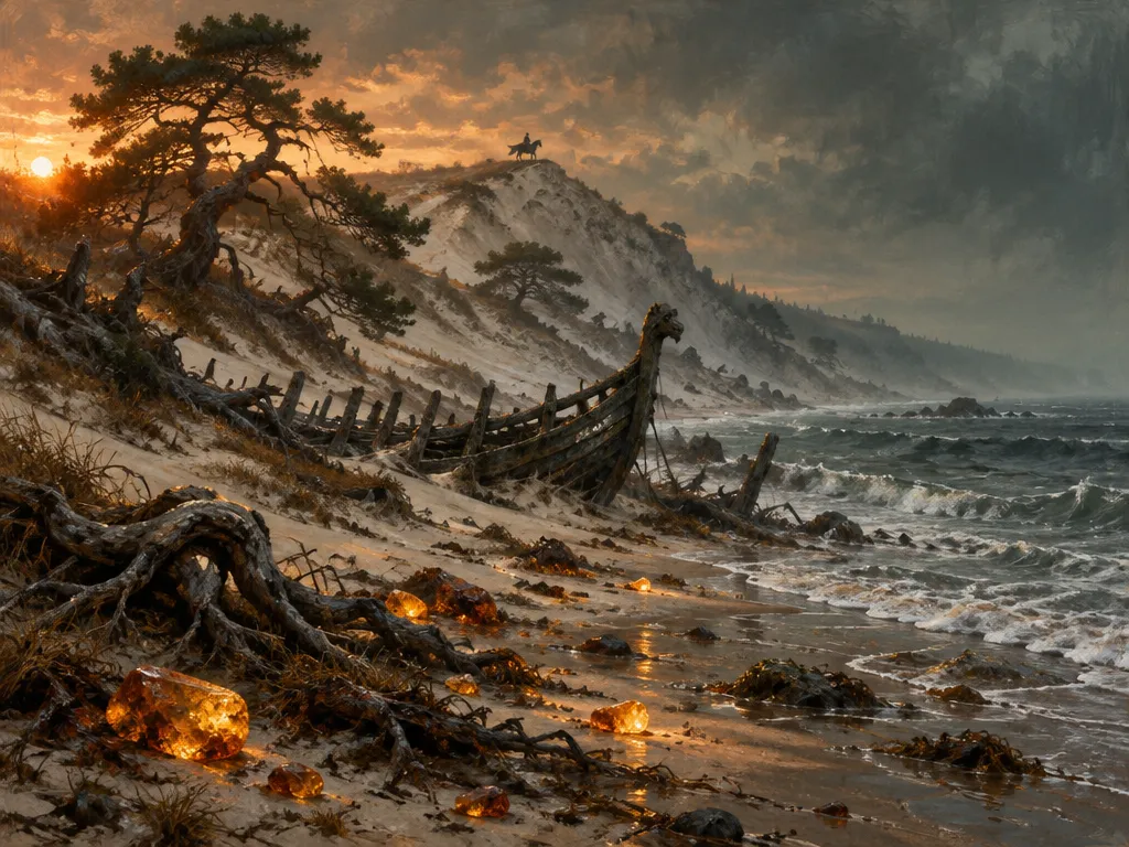 Bukit pasir pucat di tepi laut kelabu, rangka perahu setengah terkubur, dan amber berkilau di pasir basah.