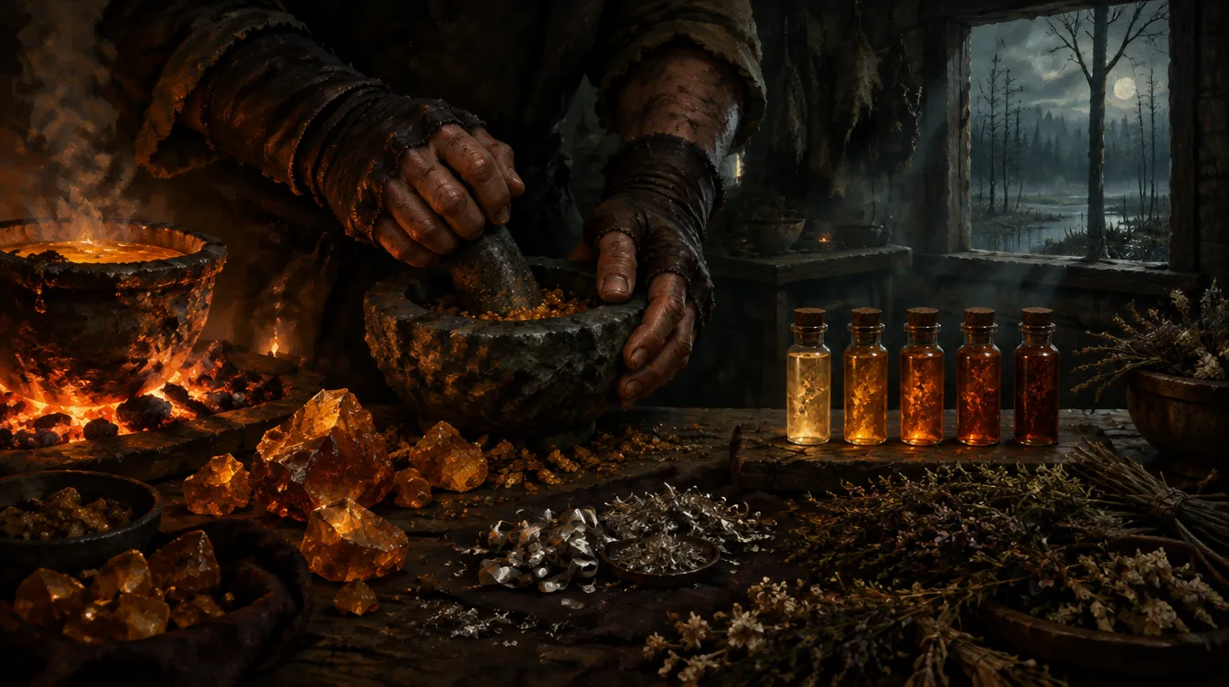 Dua tangan bersarung tanpa jari menggerus amber di lumpang batu, di samping bara, serpih perak, dan lima botol racikan.