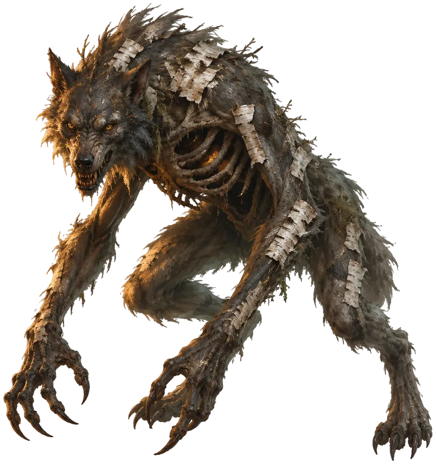 Hollow Wolf, serigala kurus berkulit birch, membeku di dalam bongkah amber.