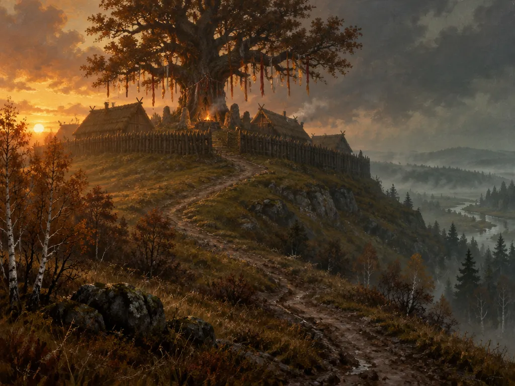 Oakhold sebelum Ordo datang: pagar kayu, rumah beratap jerami, dan ek suci berhias pita dengan api kecil di akarnya.